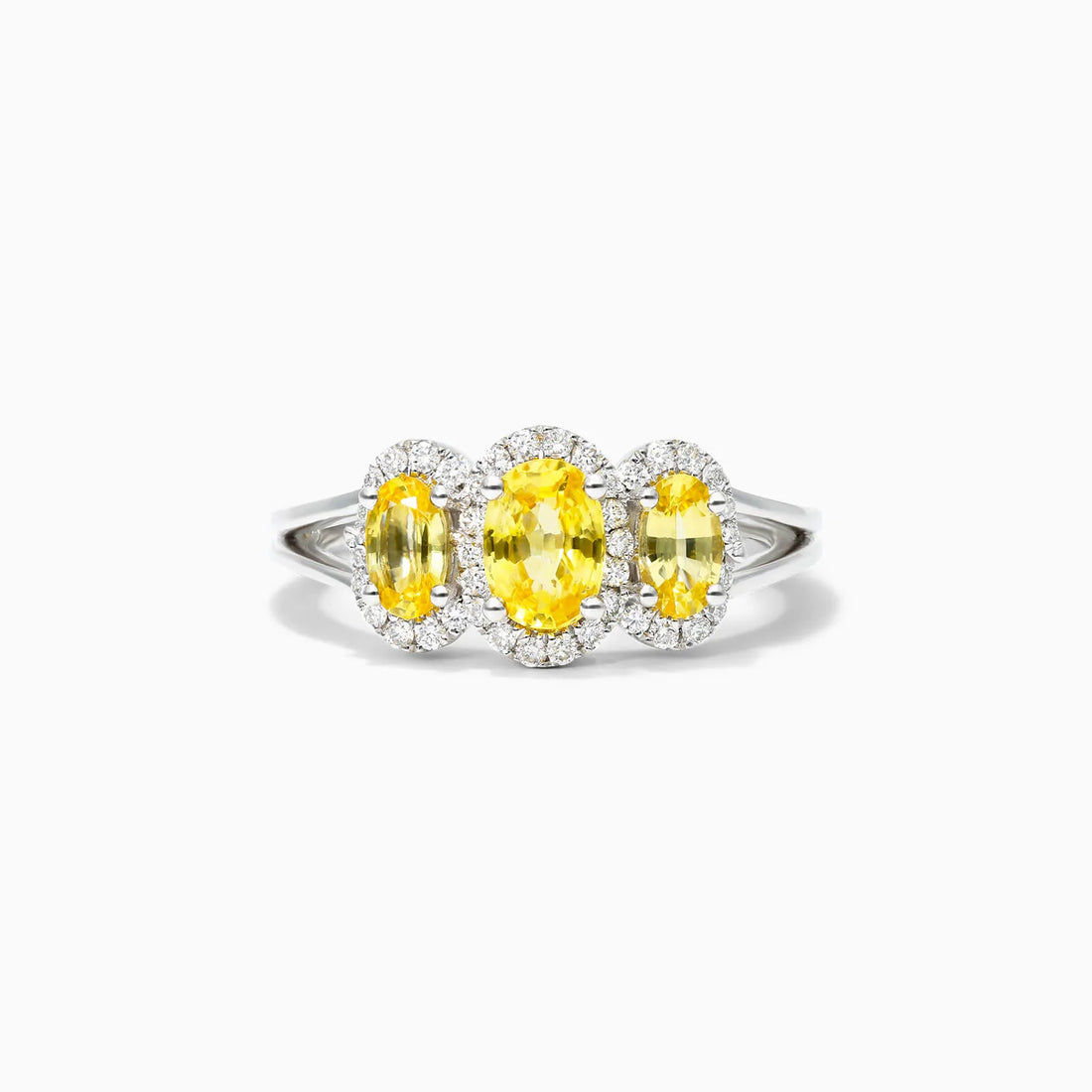 Anel De Ouro Branco 18k Três Safira Amarela e Diamantes