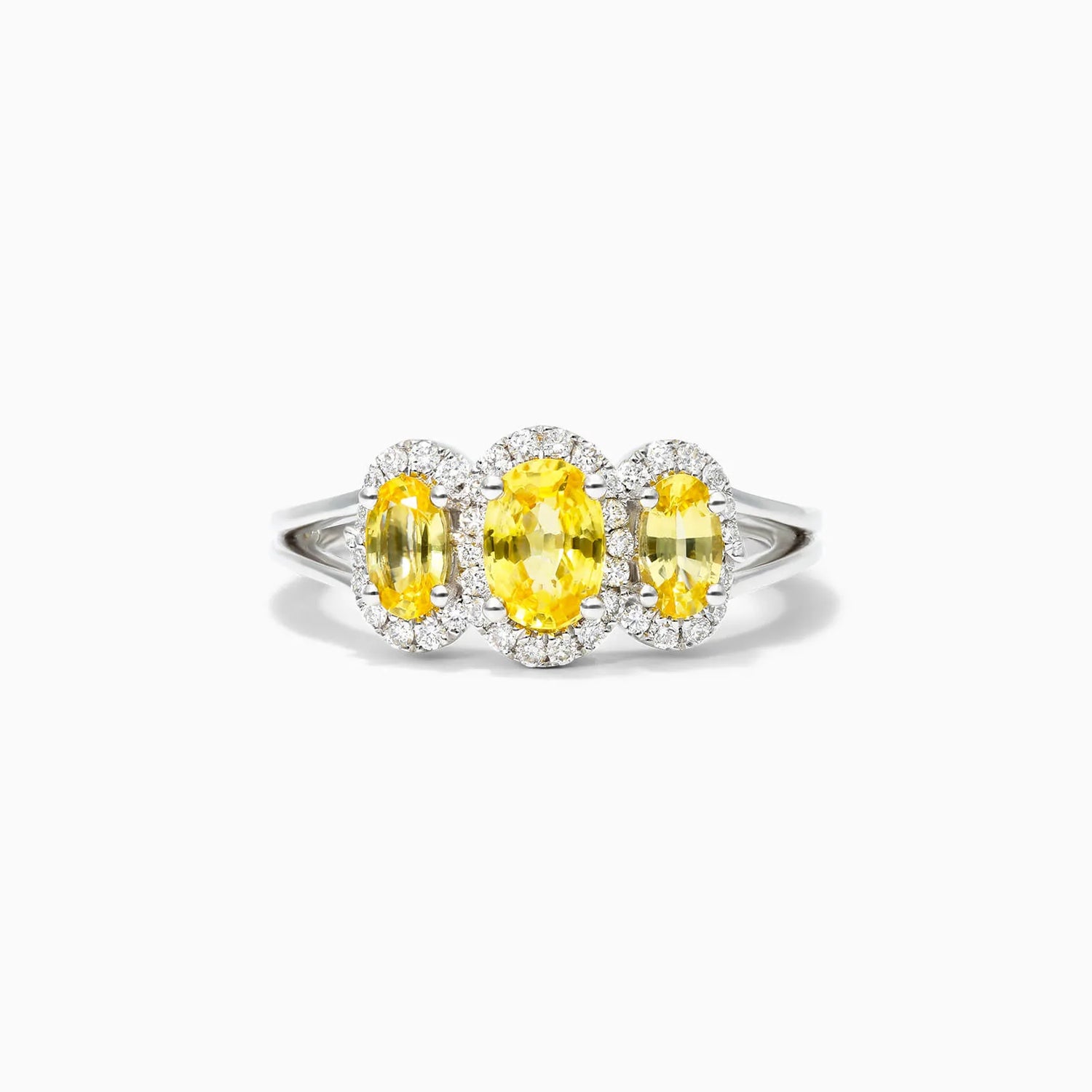 Anel De Ouro Branco 18k Três Safira Amarela e Diamantes
