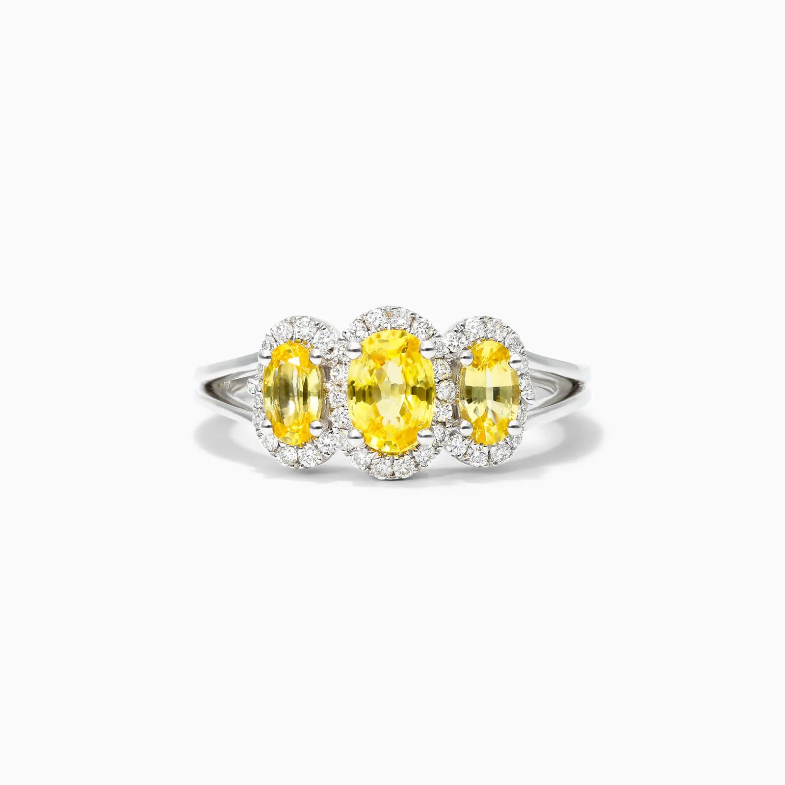 Anel De Ouro Branco 18k Três Safira Amarela e Diamantes