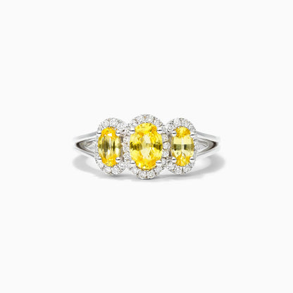 Anel De Ouro Branco 18k Três Safira Amarela e Diamantes