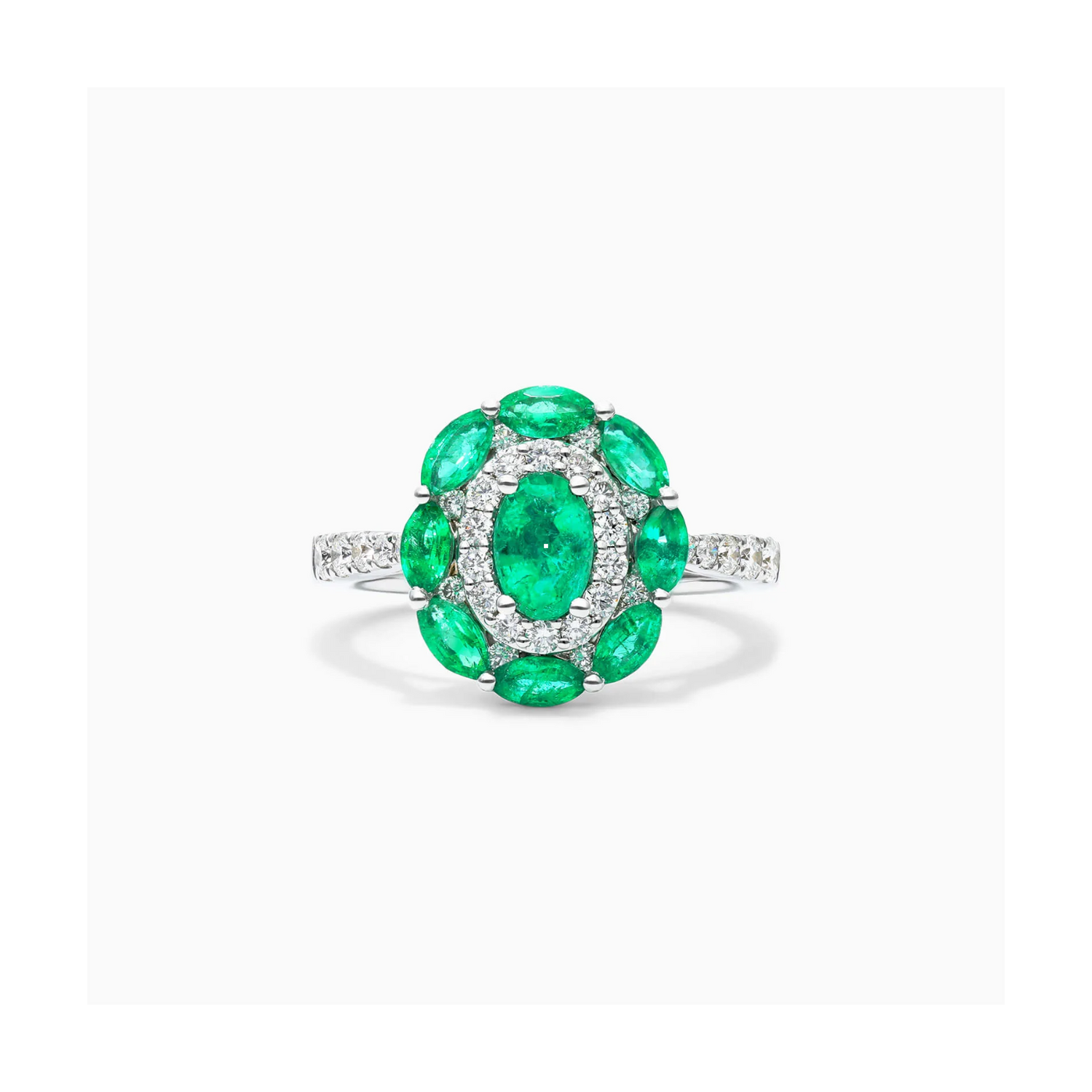 Anel De Ouro Branco 18k Esmeraldas e Diamantes Delicados Lindy