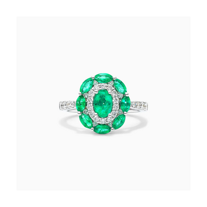Anel De Ouro Branco 18k Esmeraldas e Diamantes Delicados Lindy