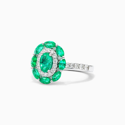 Anel De Ouro Branco 18k Esmeraldas e Diamantes Delicados Lindy