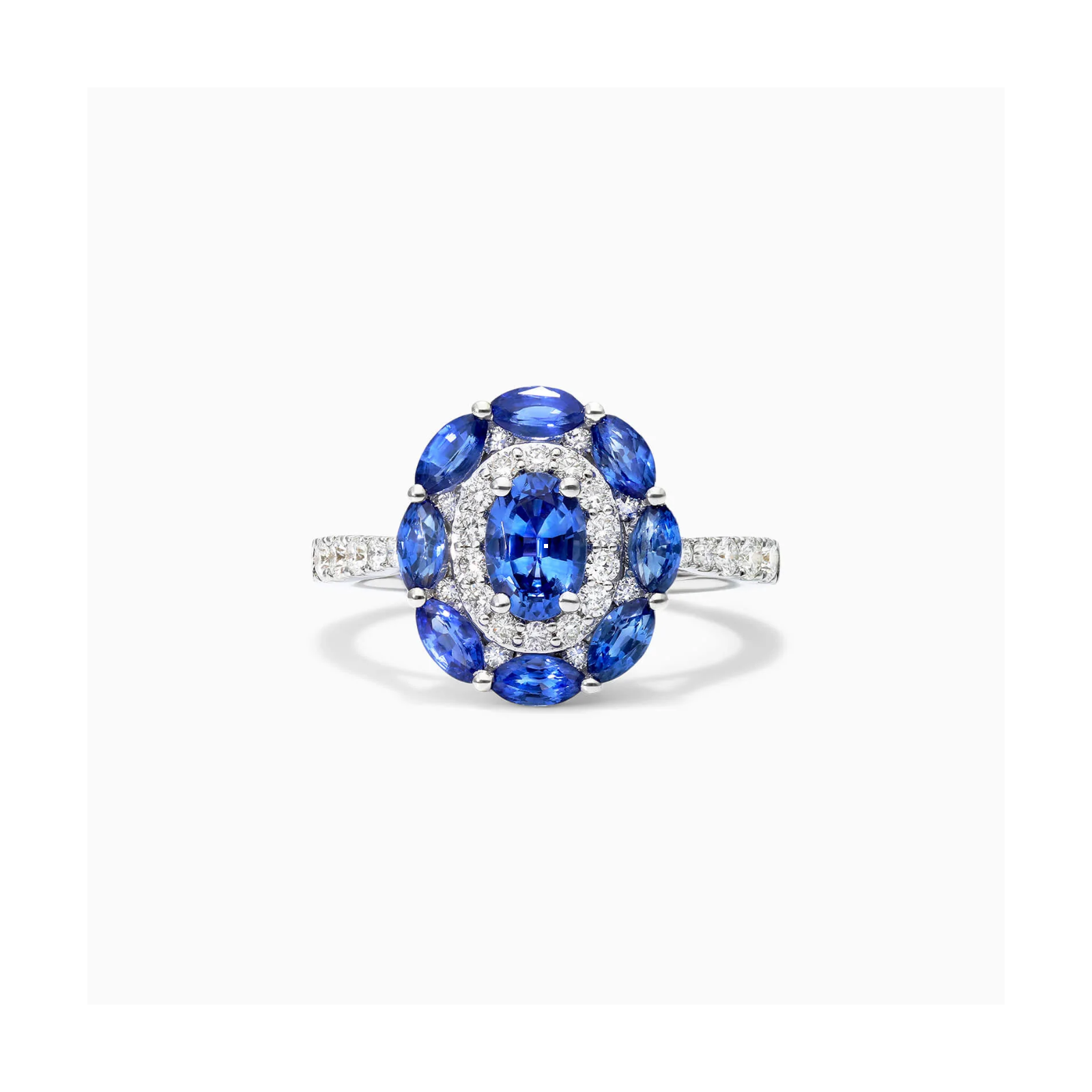 Anel De Ouro Branco 18k Safiras Azuis e Diamantes Delicados Lindy
