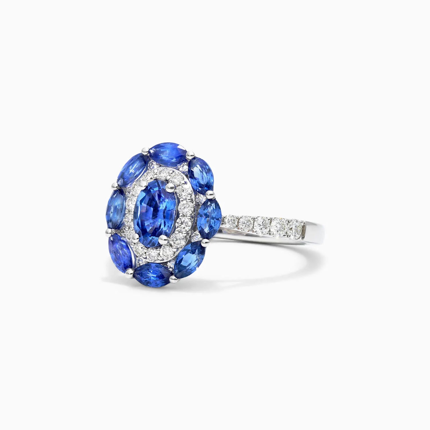 Anel De Ouro Branco 18k Safiras Azuis e Diamantes Delicados Lindy