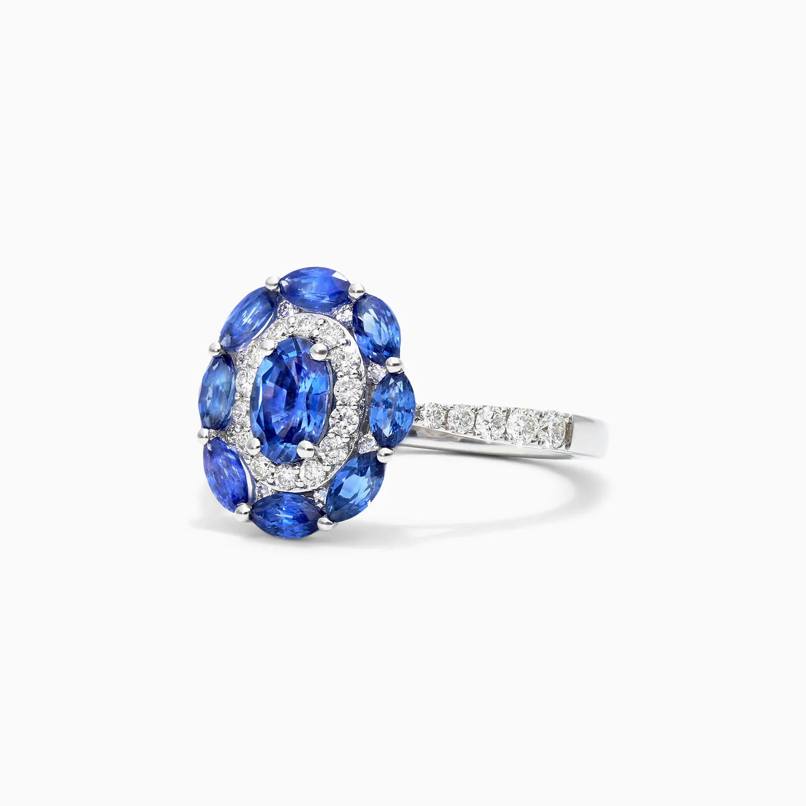 Anel De Ouro Branco 18k Safiras Azuis e Diamantes Delicados Lindy