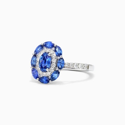 Anel De Ouro Branco 18k Safiras Azuis e Diamantes Delicados Lindy