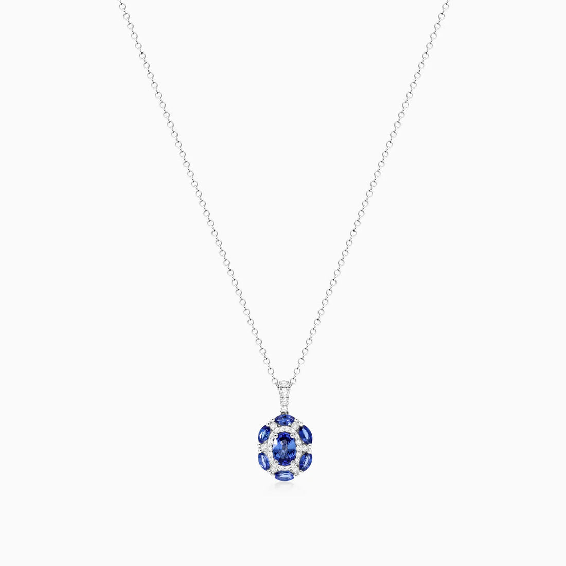 Colar Feminina Corrente  em Ouro 18k de Safira Azul e Diamantes Luxo