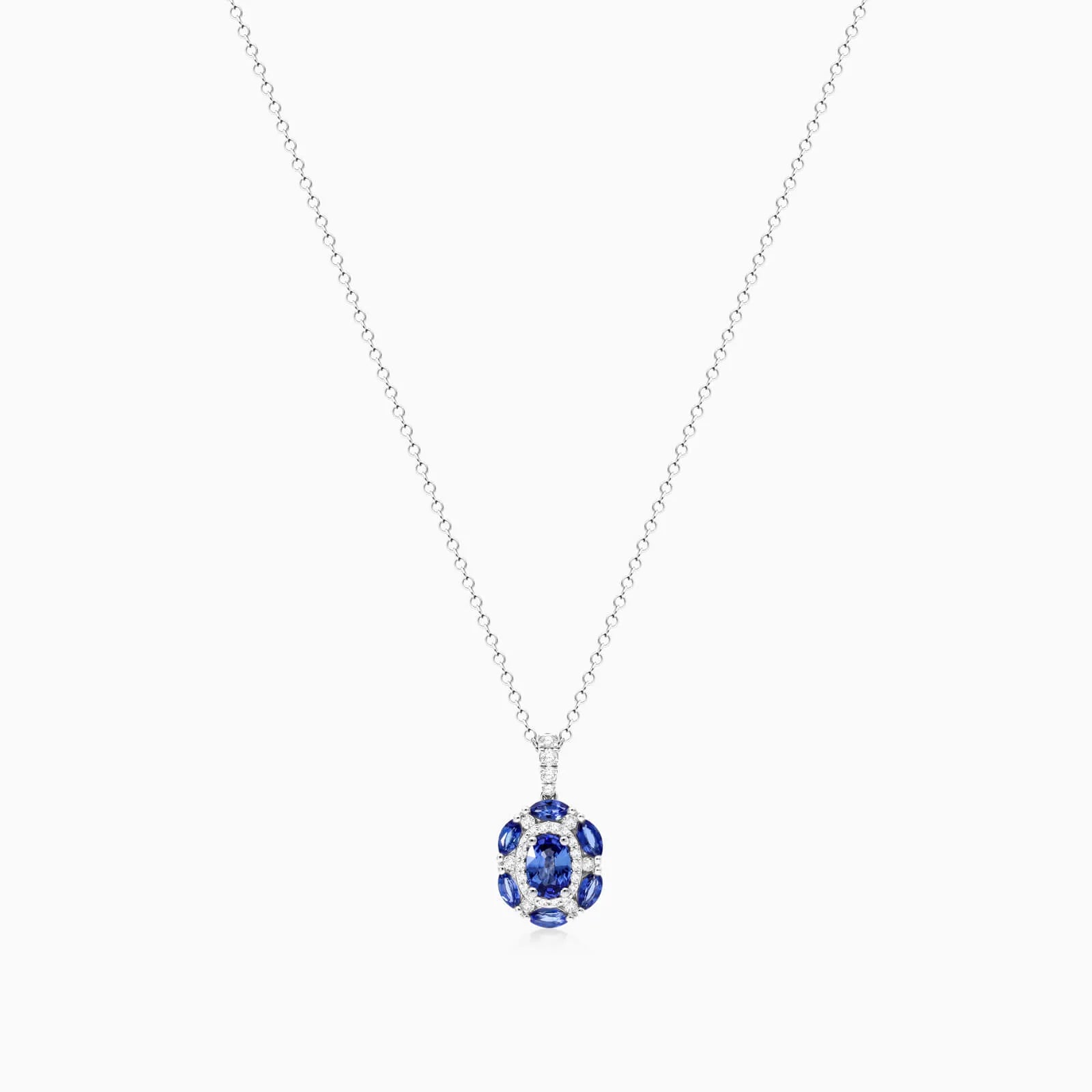 Colar Feminina Corrente  em Ouro 18k de Safira Azul e Diamantes Luxo