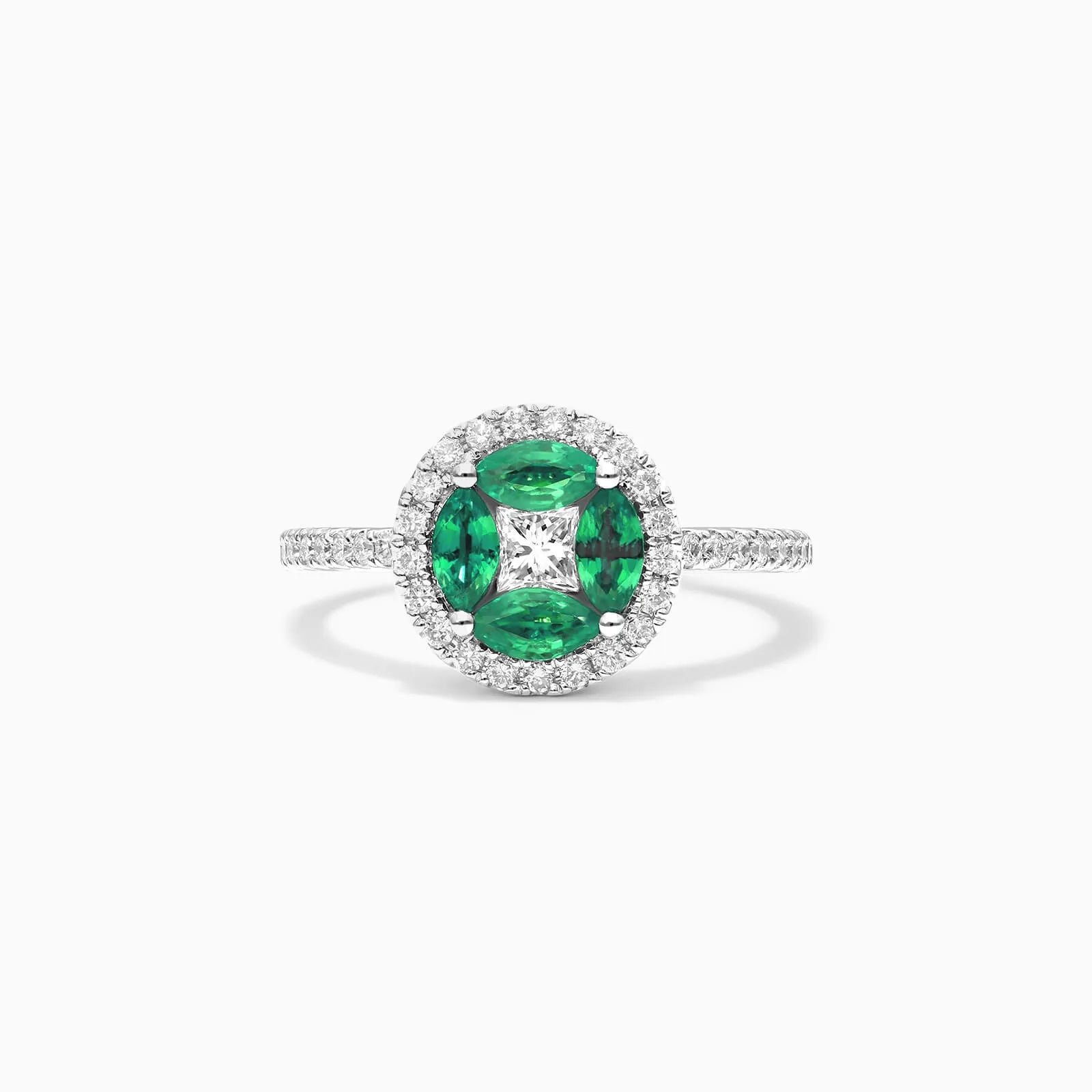 Anel De Ouro Branco 18k Esmeraldas e Diamantes Brilhantes Stacy