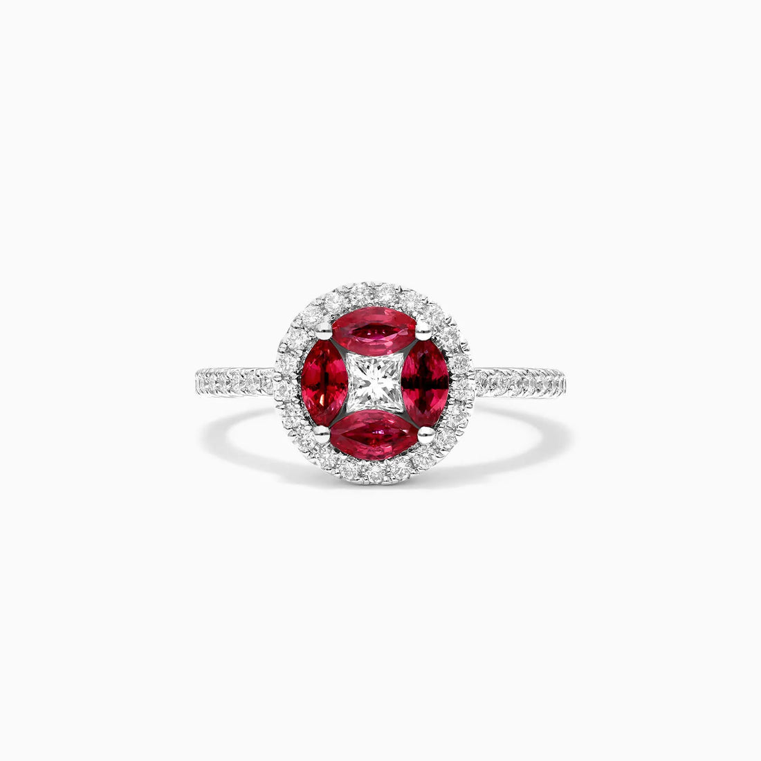 Anel De Ouro Branco 18k Rubis e Diamantes Brilhante Stacy