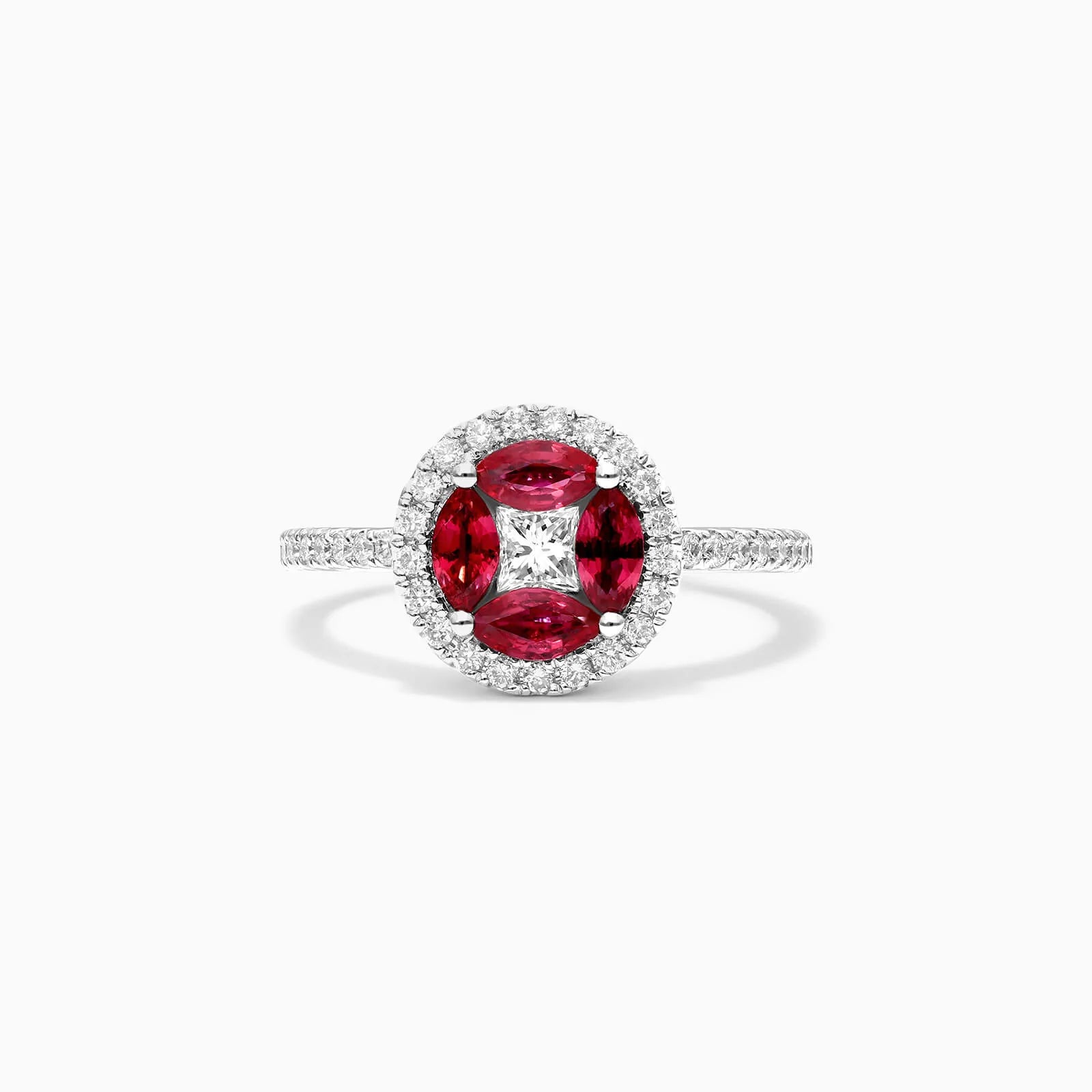 Anel De Ouro Branco 18k Rubis e Diamantes Brilhante Stacy