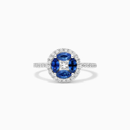 Anel De Ouro Branco 18k Safiras Azul e Diamantes Brilhantes Stacy