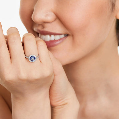 Anel De Ouro Branco 18k Safiras Azul e Diamantes Brilhantes Stacy