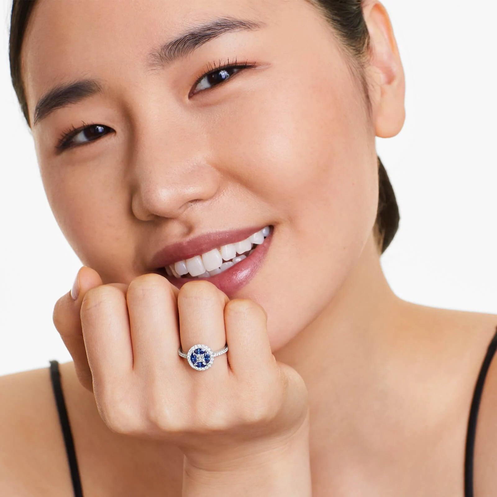 Anel De Ouro Branco 18k Safiras Azul e Diamantes Brilhantes Stacy