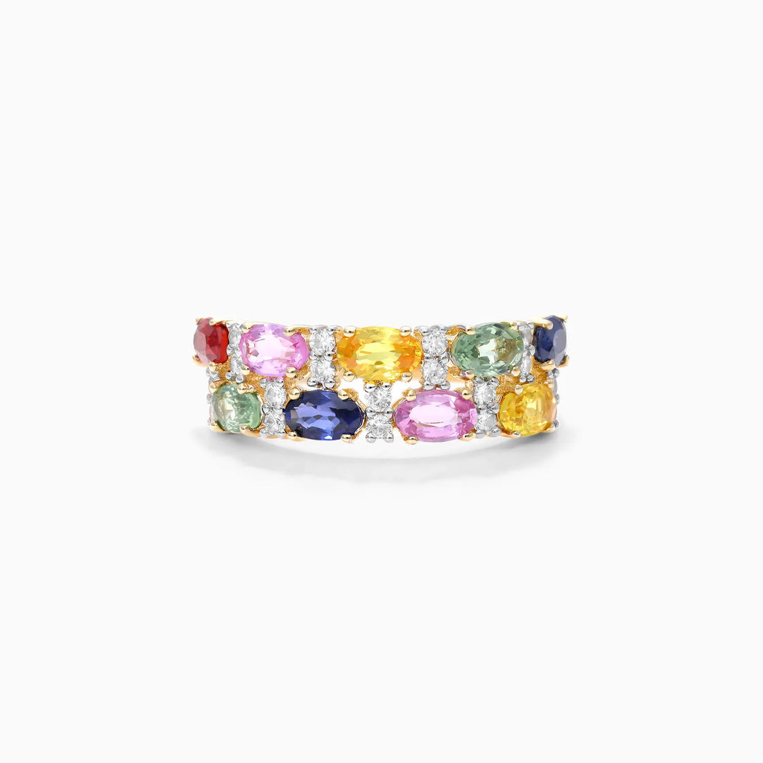 Anel de Safira Coloridas em Ouro 18k Dupla Fileira de Luxo