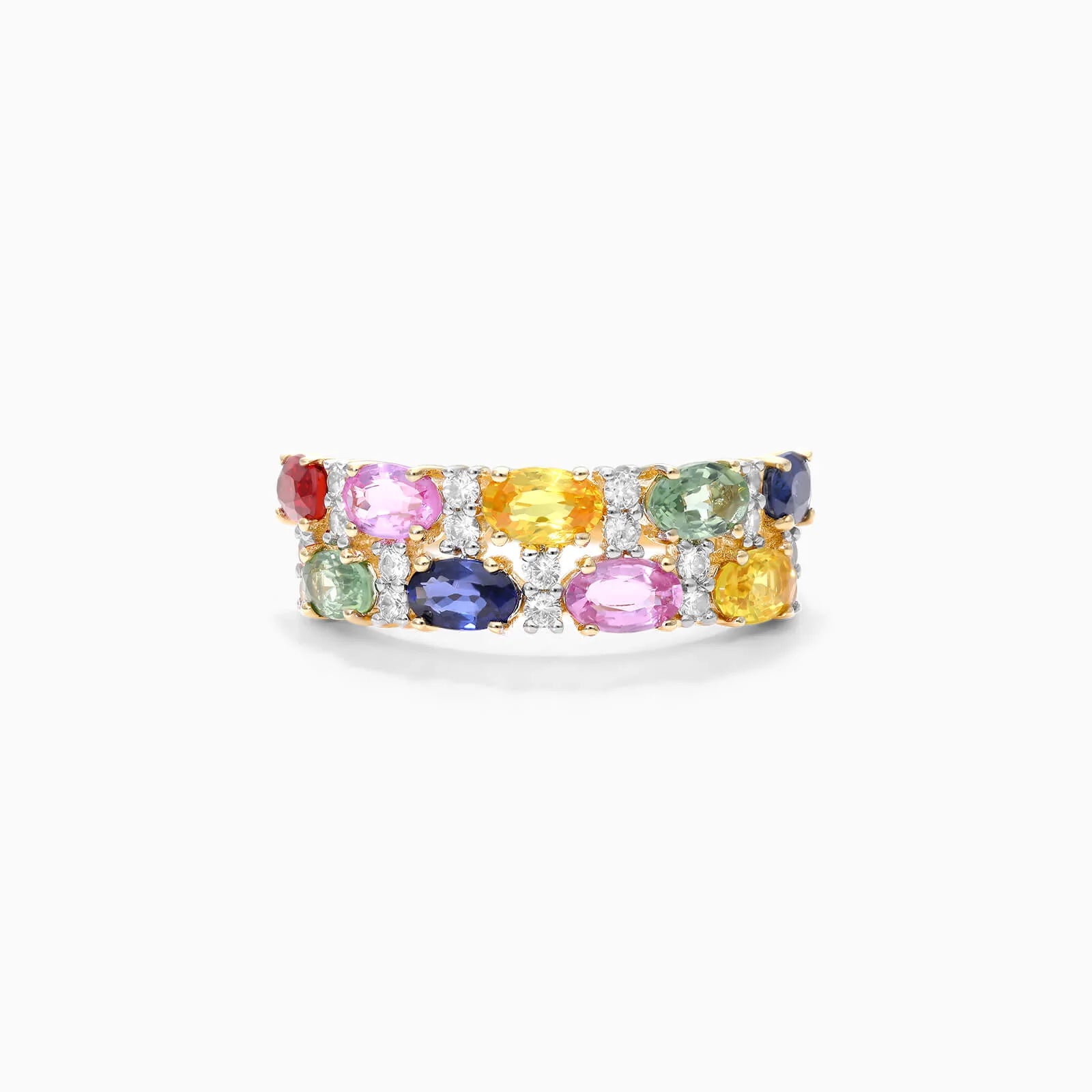 Anel de Safira Coloridas em Ouro 18k Dupla Fileira de Luxo