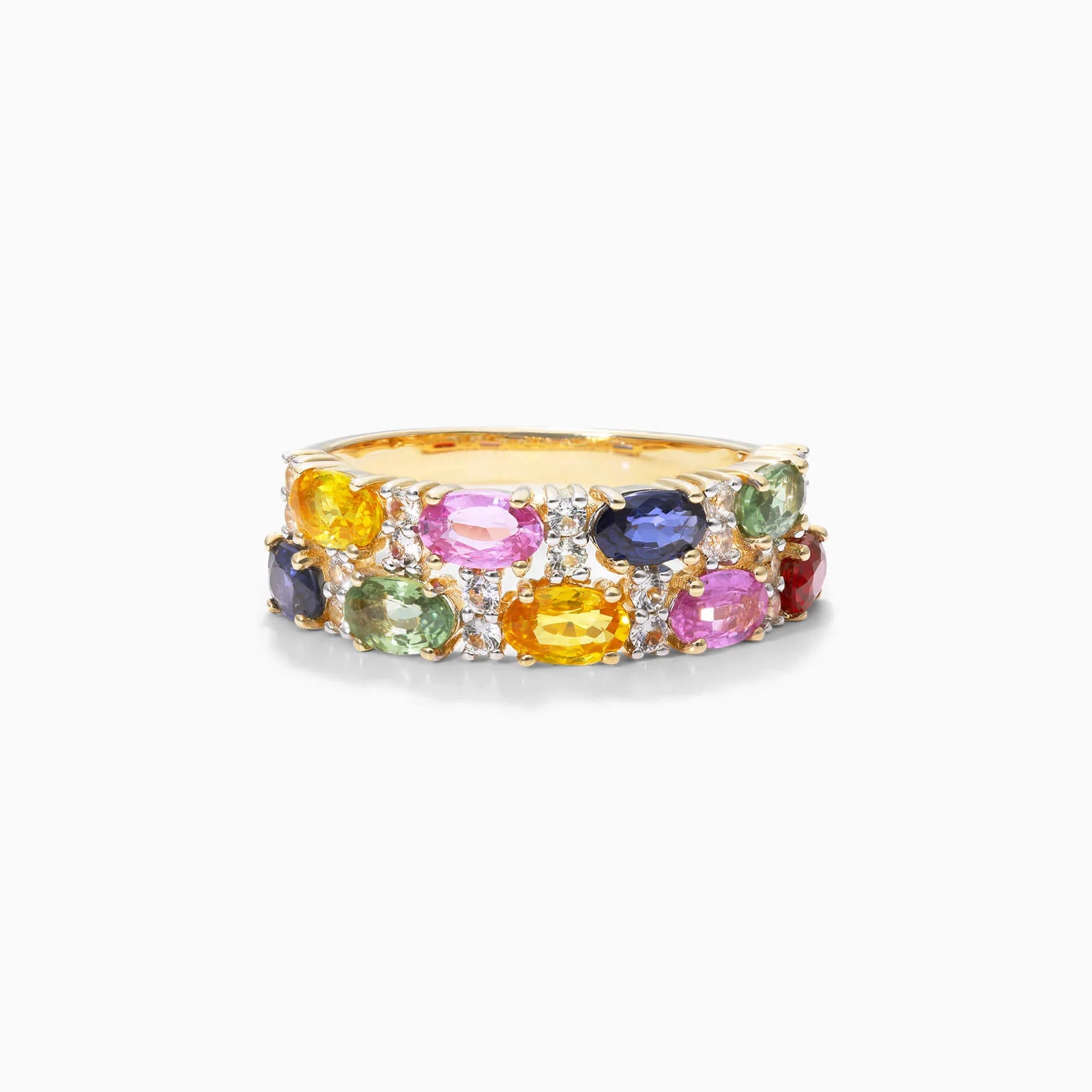 Anel de Safira Coloridas em Ouro 18k Dupla Fileira de Luxo