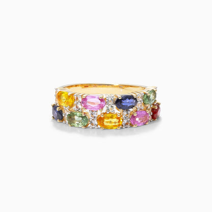 Anel de Safira Coloridas em Ouro 18k Dupla Fileira de Luxo