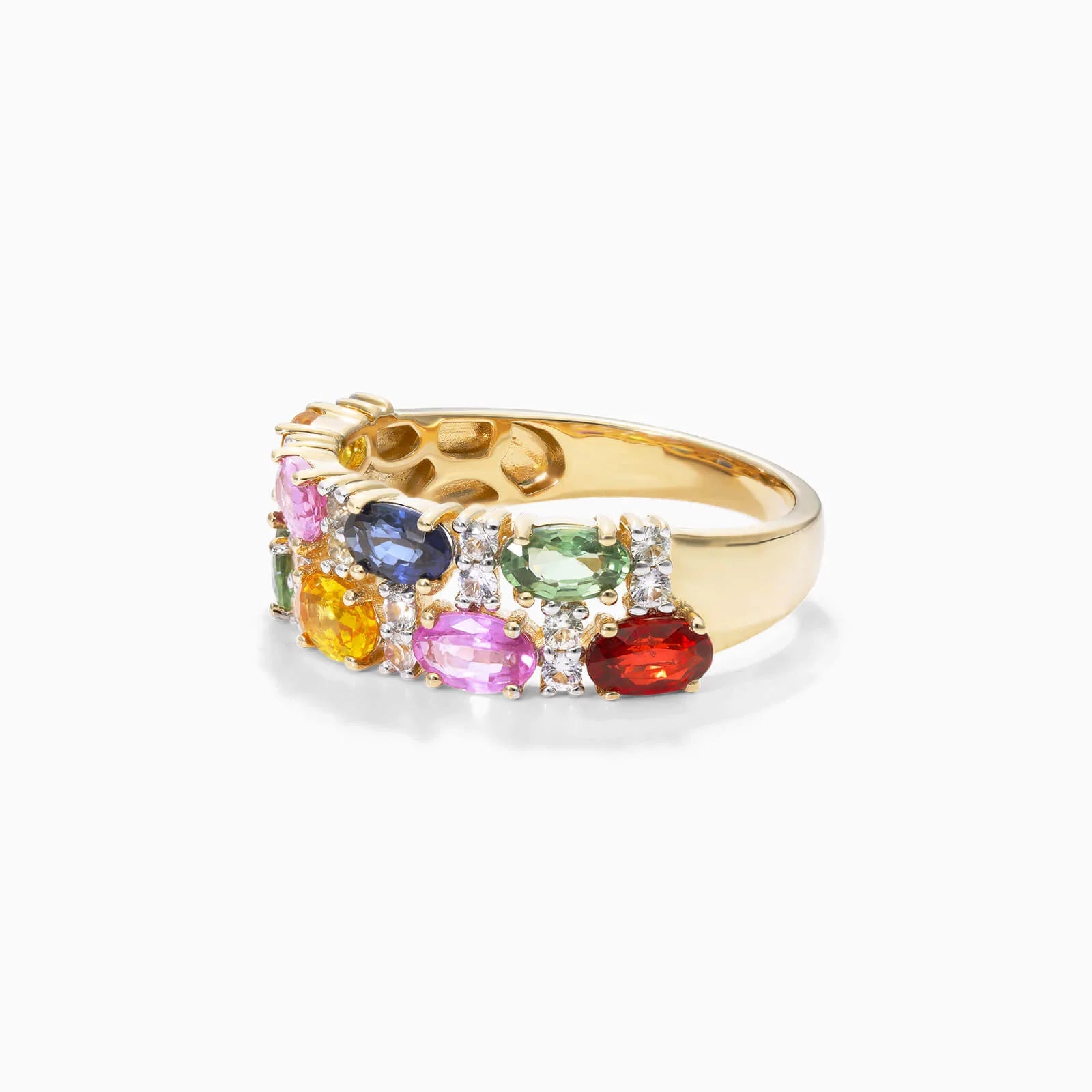 Anel de Safira Coloridas em Ouro 18k Dupla Fileira de Luxo