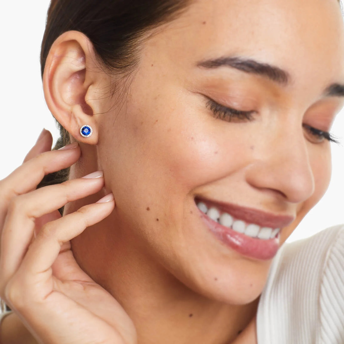 Brinco De Ouro 18k Feminino C/ Diamantes e Safira Azul Luxo Delicado Sweet