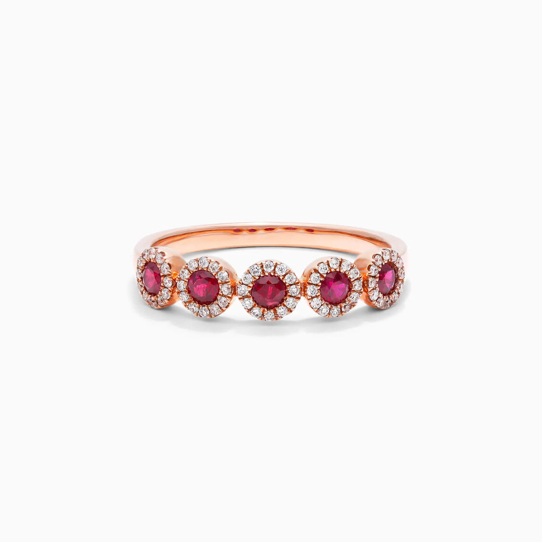 Anel Halo De Ouro 18k c/ Cinco Rubi e Diamantes Brilhantes