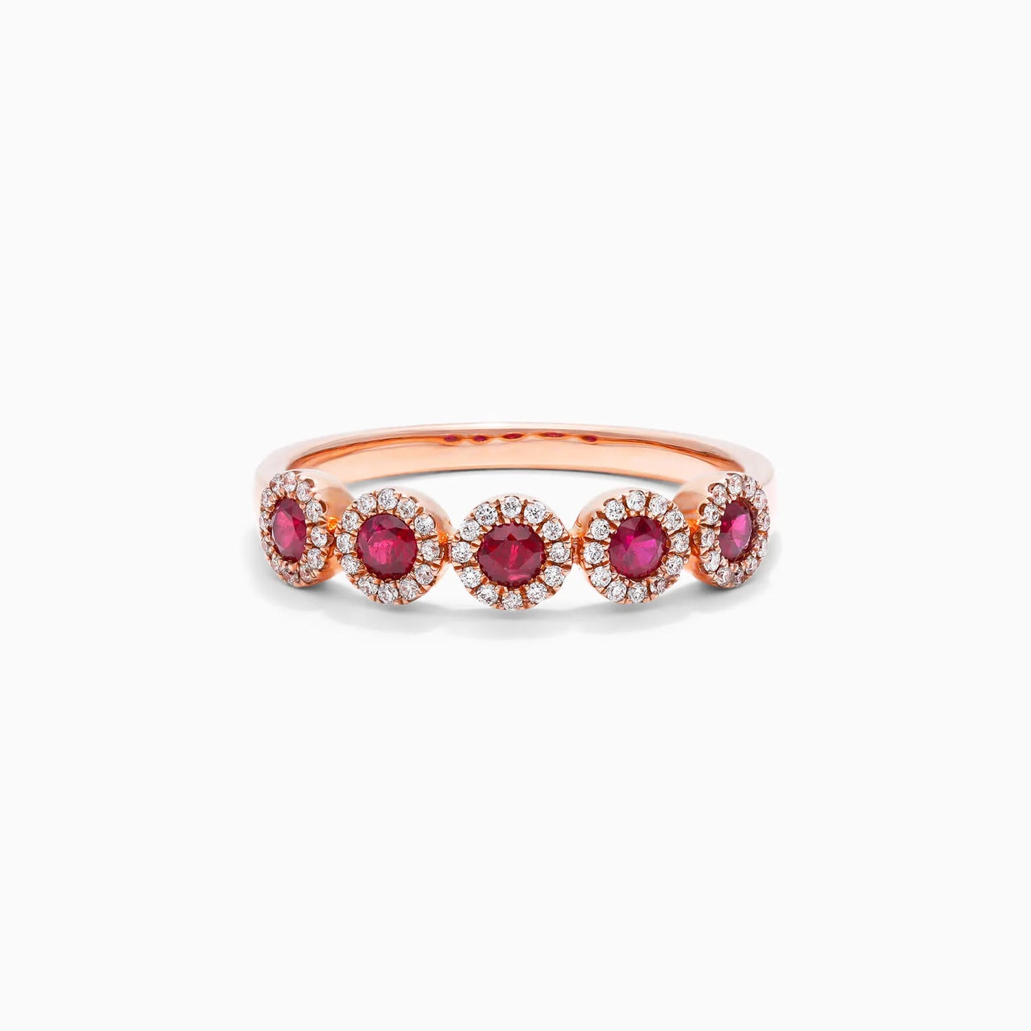 Anel Halo De Ouro 18k c/ Cinco Rubi e Diamantes Brilhantes