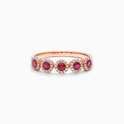 Anel Halo De Ouro 18k c/ Cinco Rubi e Diamantes Brilhantes