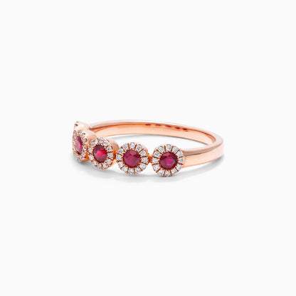 Anel Halo De Ouro 18k c/ Cinco Rubi e Diamantes Brilhantes
