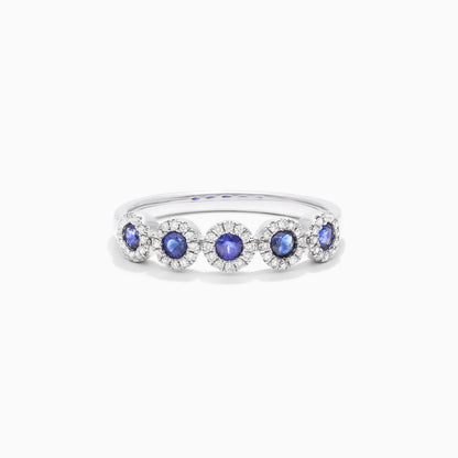 Anel Halo De Ouro 18k c/ Cinco Safira Azul e Diamantes Brilhantes