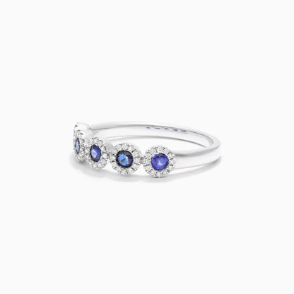 Anel Halo De Ouro 18k c/ Cinco Safira Azul e Diamantes Brilhantes