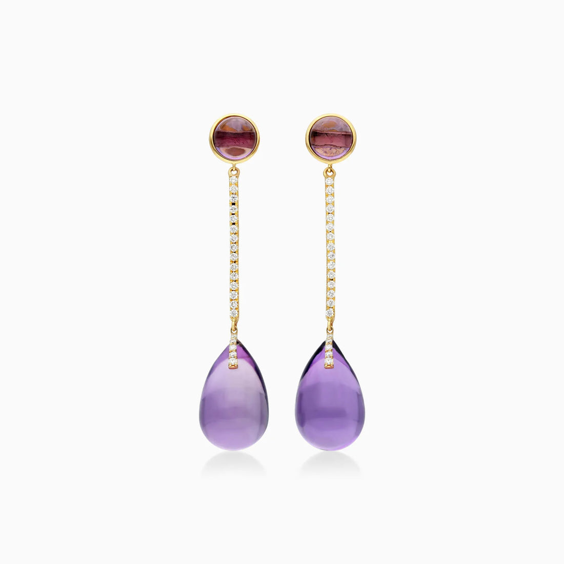 Brinco De Ouro 18k Feminino Barra C/ Ametista Espendurado Charm Luxo