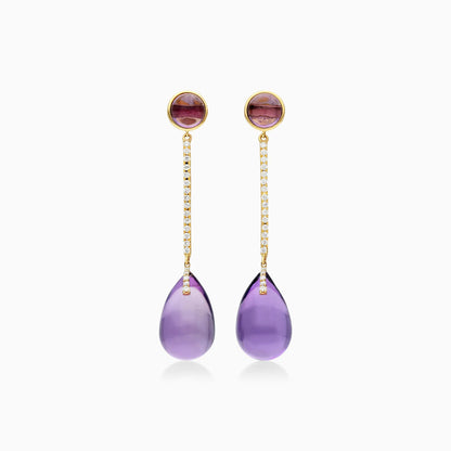 Brinco De Ouro 18k Feminino Barra C/ Ametista Espendurado Charm Luxo