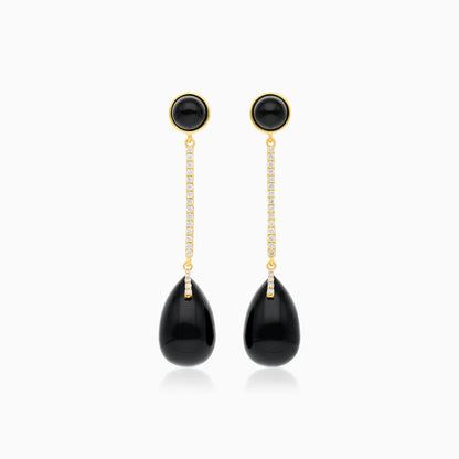 Brinco De Ouro 18k Feminino Barra C/ Onix Preto Espendurado Charm Luxo
