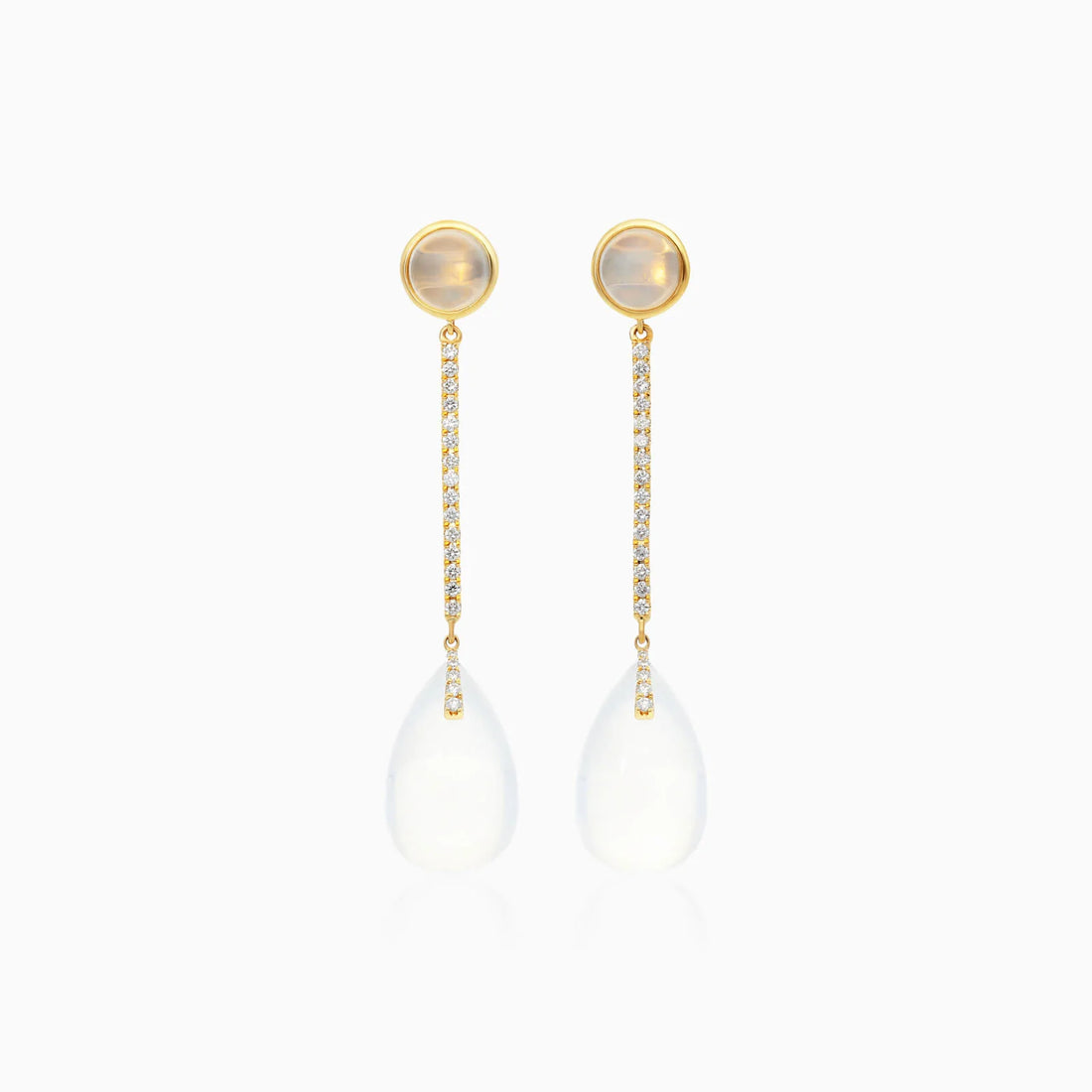 Brinco De Ouro 18k Feminino Barra C/ Quartzo Branco Espendurado Charm Luxo
