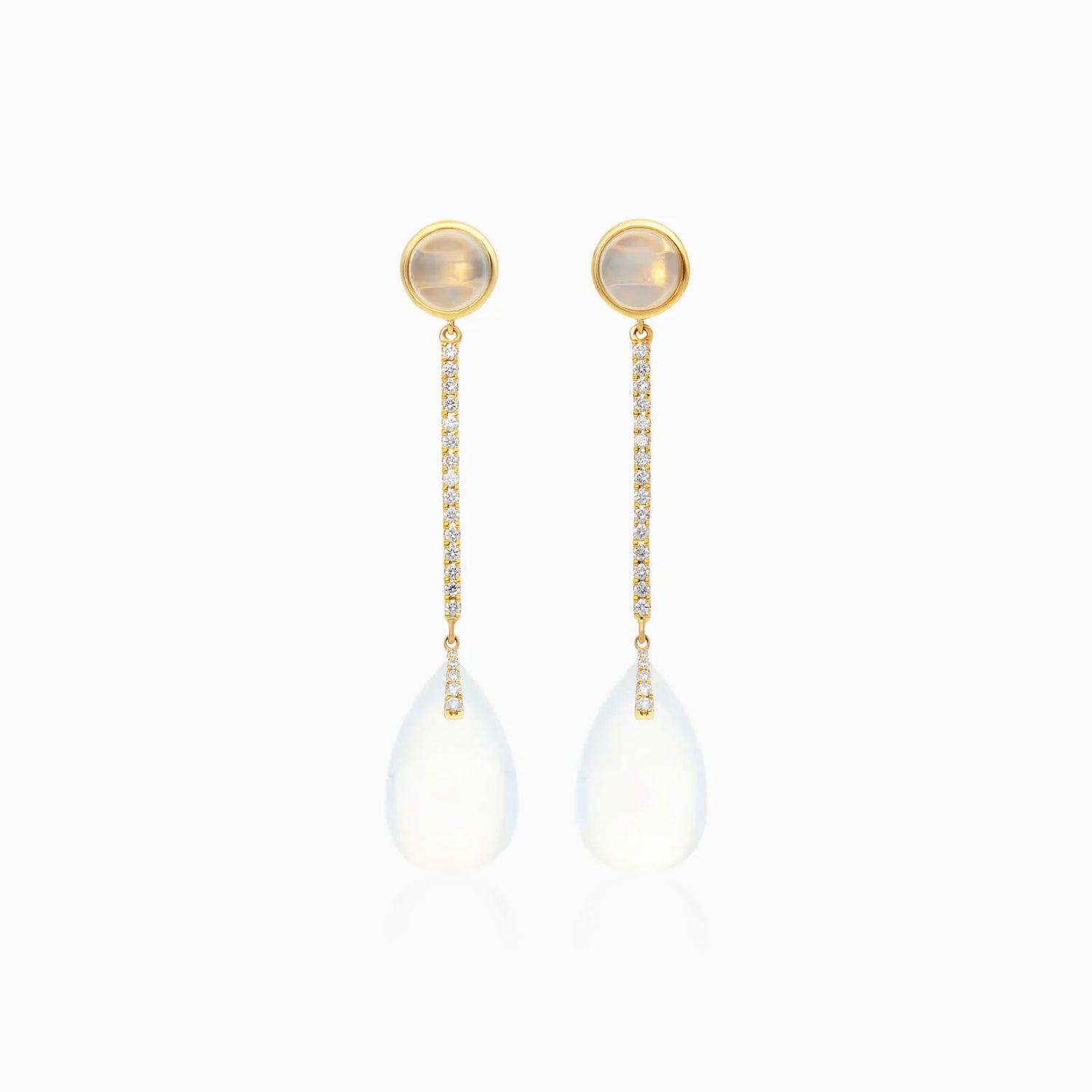 Brinco De Ouro 18k Feminino Barra C/ Quartzo Branco Espendurado Charm Luxo