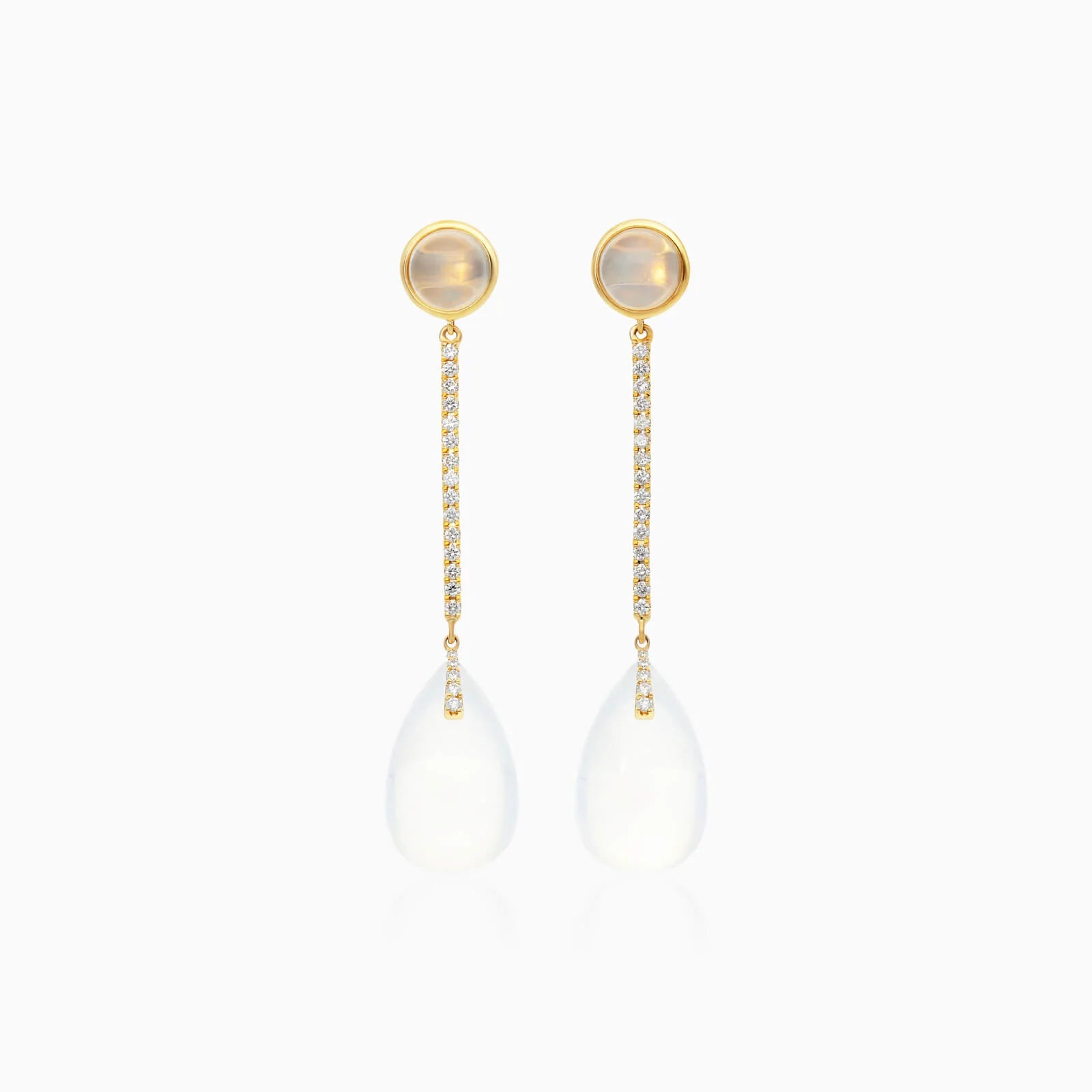 Brinco De Ouro 18k Feminino Barra C/ Quartzo Branco Espendurado Charm Luxo