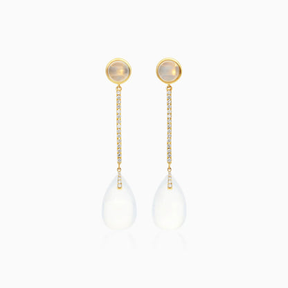 Brinco De Ouro 18k Feminino Barra C/ Quartzo Branco Espendurado Charm Luxo