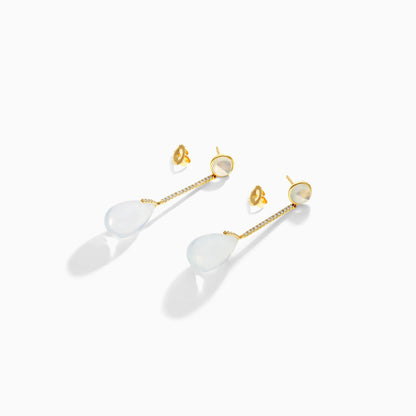 Brinco De Ouro 18k Feminino Barra C/ Quartzo Branco Espendurado Charm Luxo