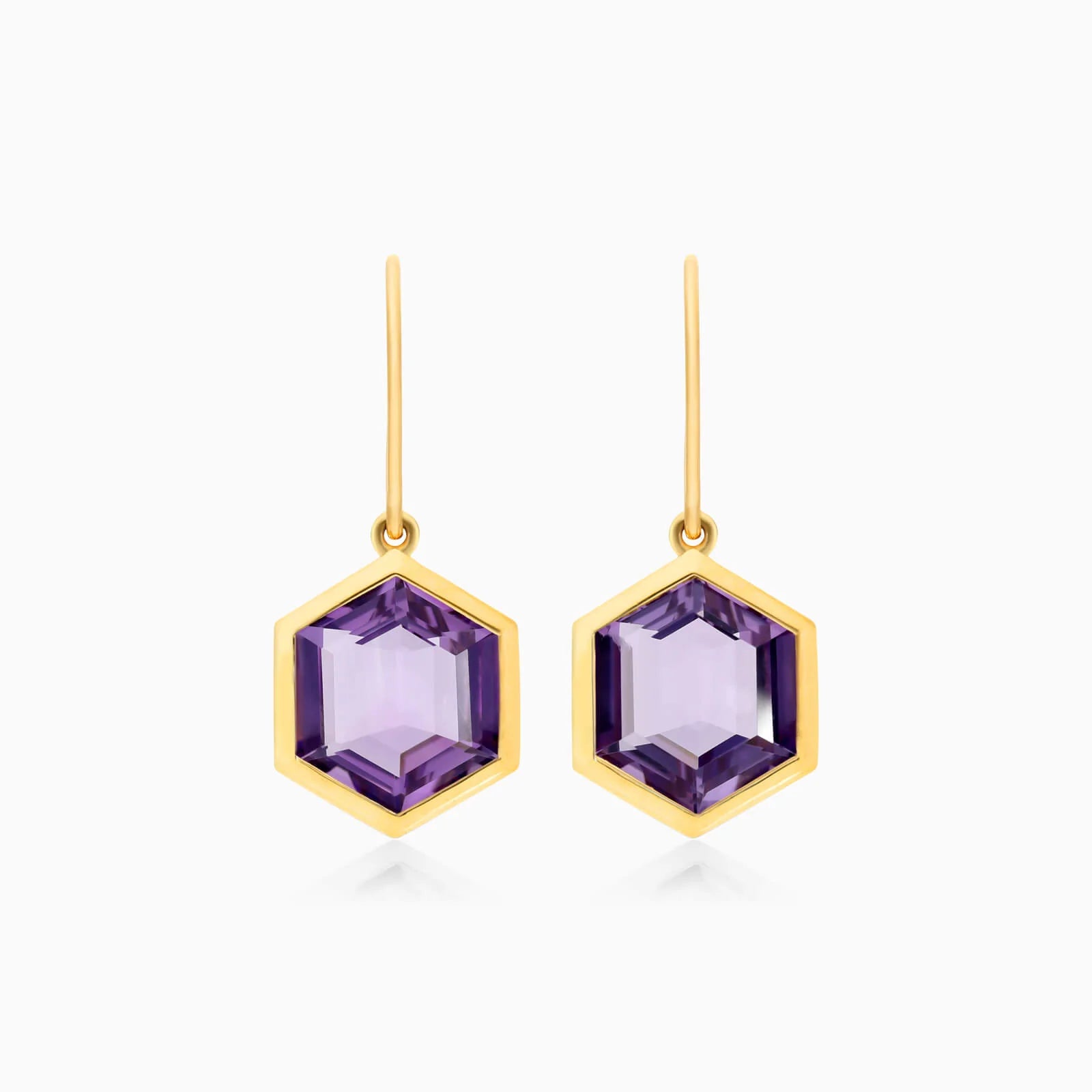 Brinco De Ouro 18k Feminino de Gancho com Ametista Hexagonal