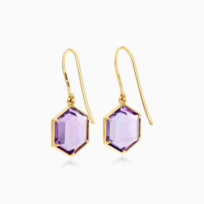 Brinco De Ouro 18k Feminino de Gancho com Ametista Hexagonal