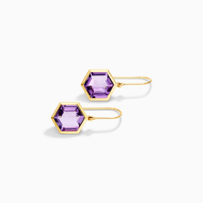 Brinco De Ouro 18k Feminino de Gancho com Ametista Hexagonal