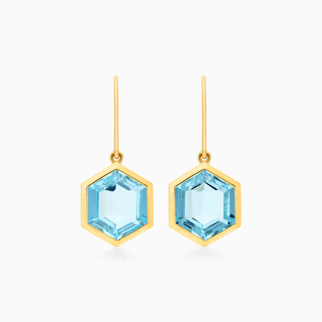 Brinco De Ouro 18k Feminino de Gancho c/ Topazio Azul Hexagonal