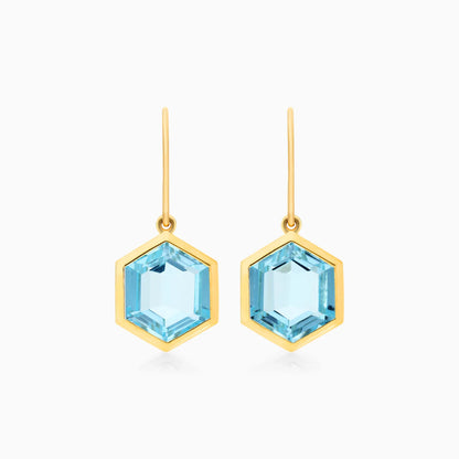 Brinco De Ouro 18k Feminino de Gancho c/ Topazio Azul Hexagonal