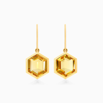 Brinco De Ouro 18k Feminino de Gancho com Citrino Hexagonal