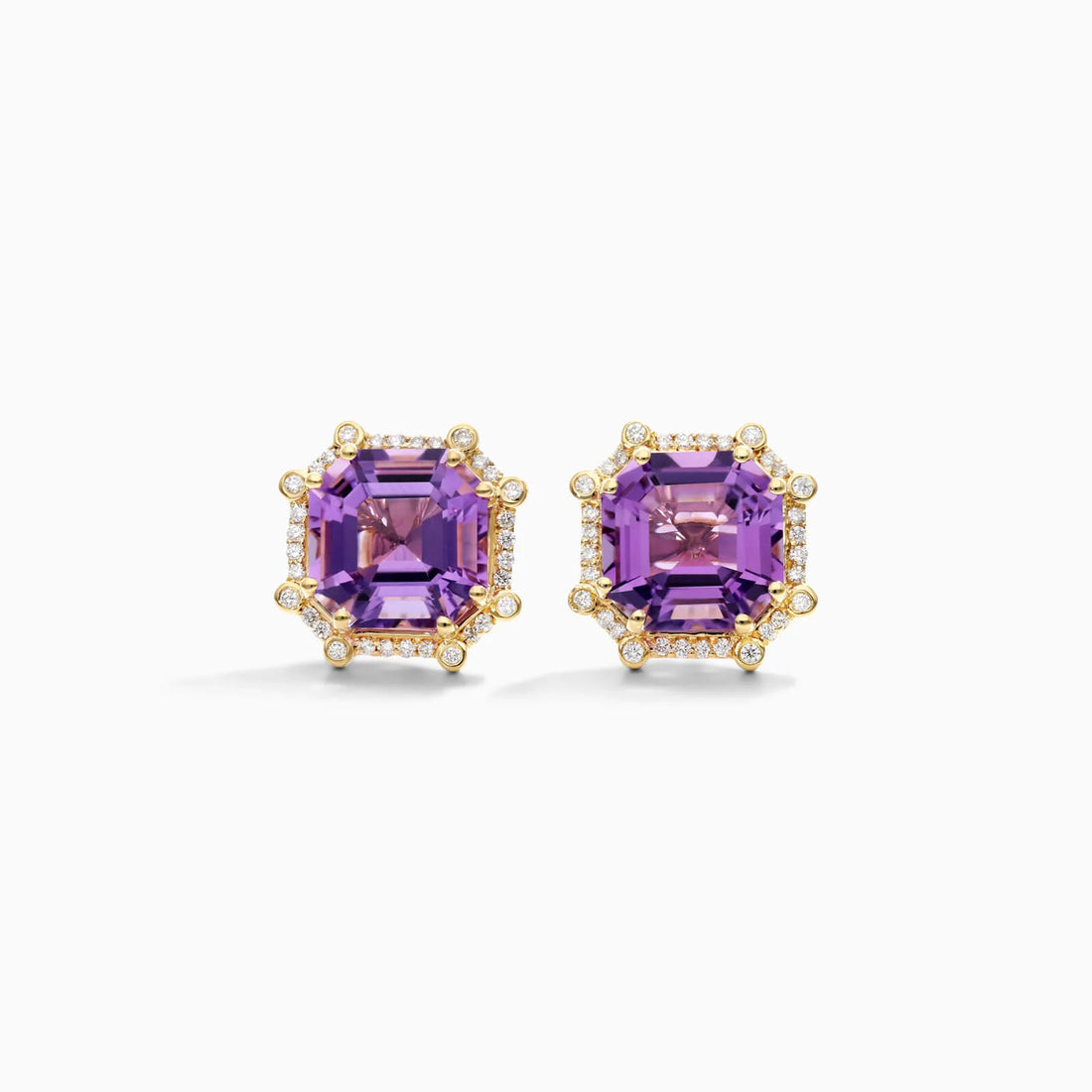 Brinco De Ouro 18k Feminino C/ Diamantes Brilhantes e Ametista Octogono