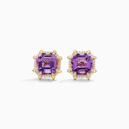 Brinco De Ouro 18k Feminino C/ Diamantes Brilhantes e Ametista Octogono
