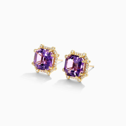 Brinco De Ouro 18k Feminino C/ Diamantes Brilhantes e Ametista Octogono