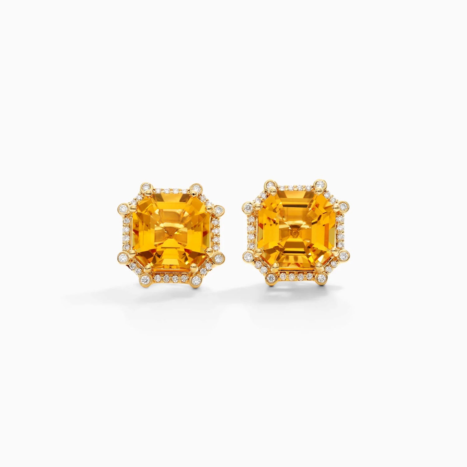 Brinco De Ouro 18k Feminino C/ Diamantes Brilhantes e Citrino Octogono
