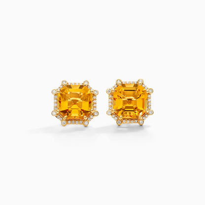 Brinco De Ouro 18k Feminino C/ Diamantes Brilhantes e Citrino Octogono